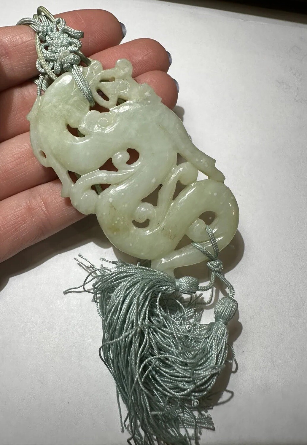 Carved Green Serpentine Jade Color Chinese Dragon Cord 28″ Necklace DA5