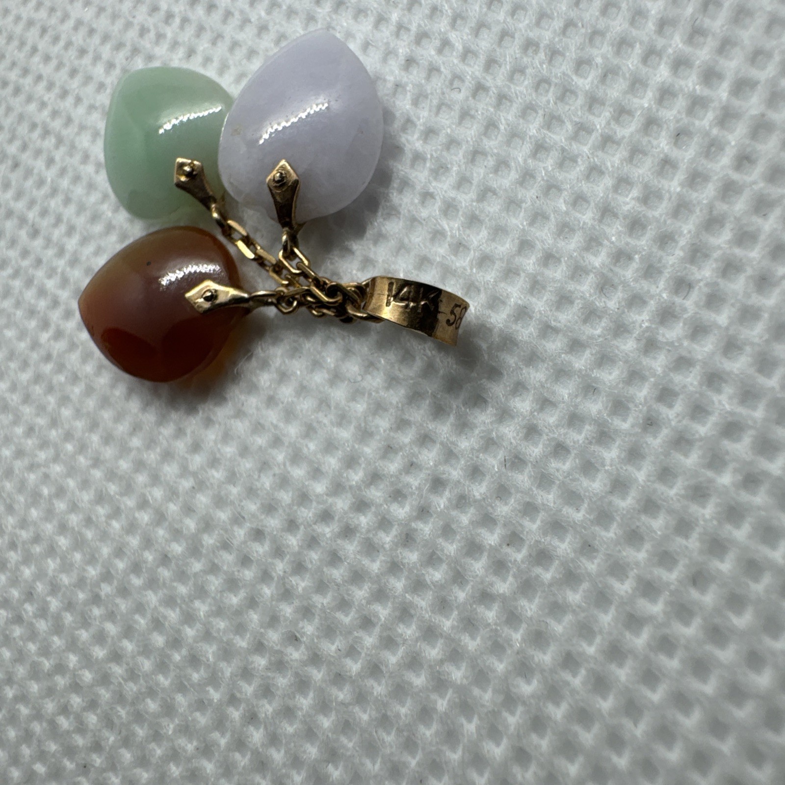14k Solid Yellow Gold Green Brown White Jadeite Jade 3 Heart Pendant Charm 585