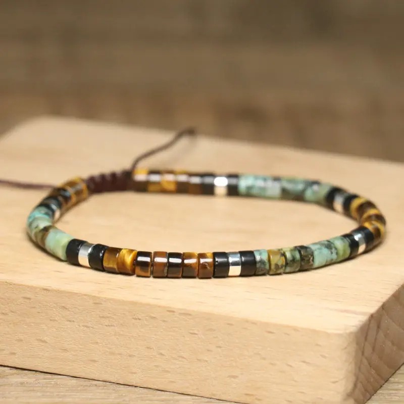 African Turquoise Tiger Eye Healing Gemstone Beaded Bracelet Adjustable Gift