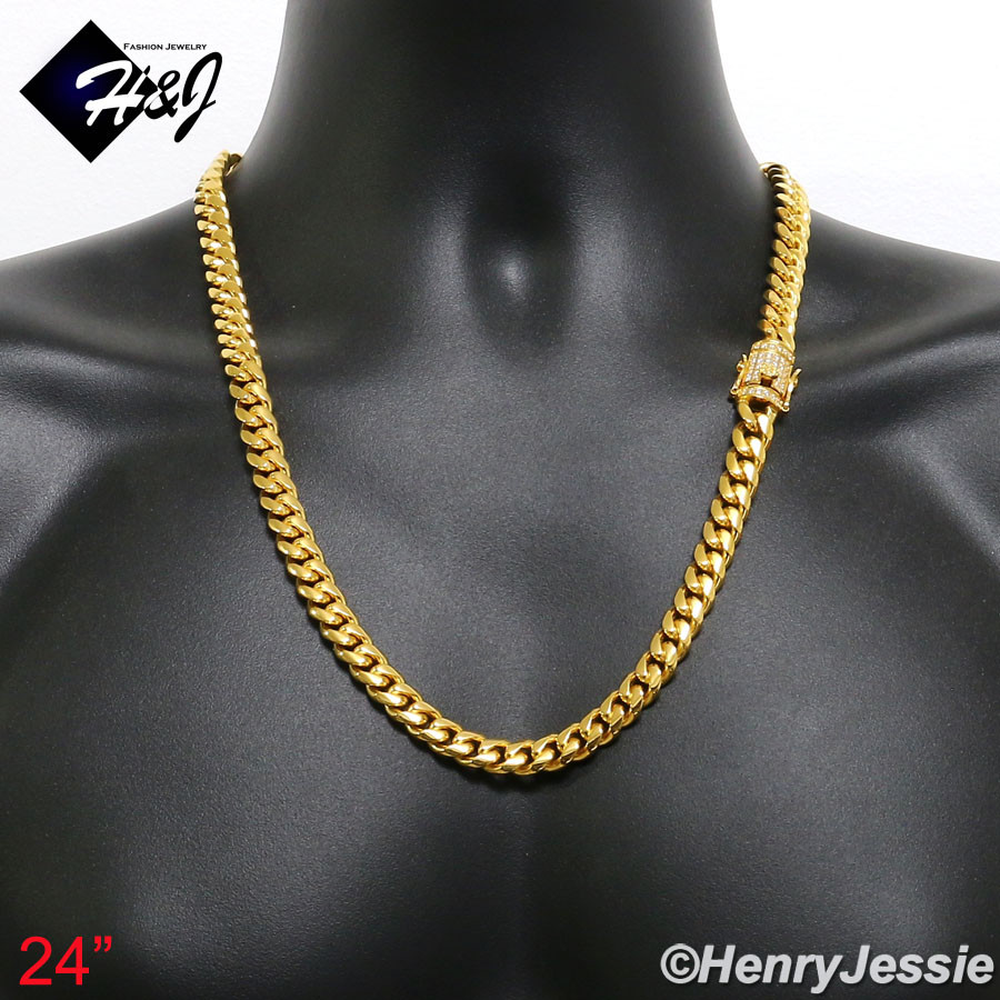 18″-40″MEN Stainless Steel 7mm Gold Plated ICY CZ Miami Cuban Necklace*GN158