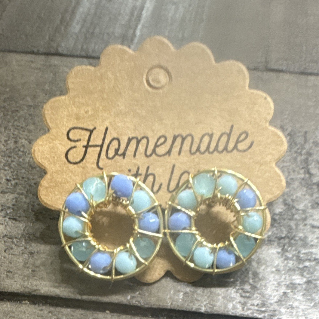 Handmade Gold Tone Blue Round Beaded Stud Earrings, Butterfly Back
