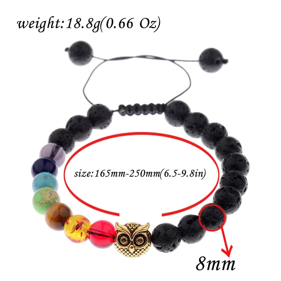 7 Chakra Adjustable Volcano Stone Beaded Bracelet with Owl Charm for Men