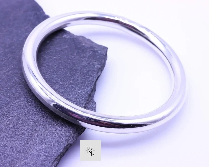 Solid 6.5mm Thick Round Plain Handmade Bangle 925 Sterling Silver Mens Bangle