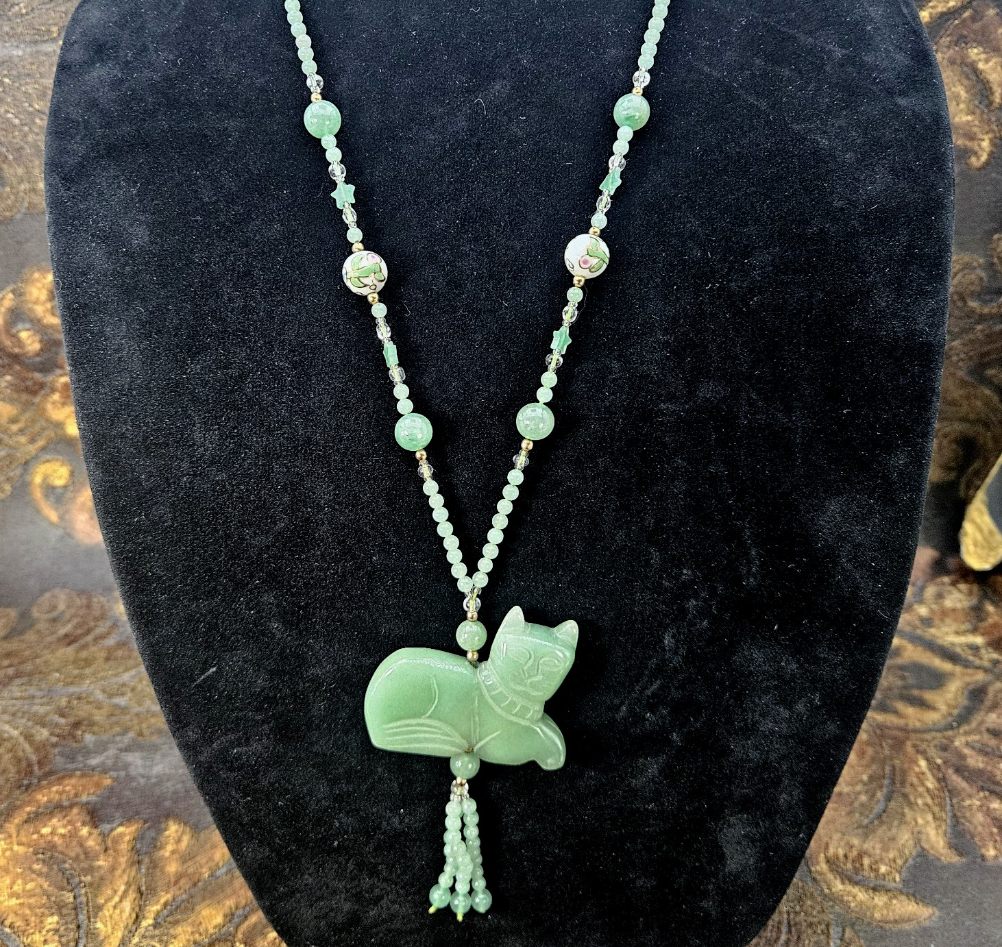 VTG Asian Jadeite Tested Carved Cat Pendant Necklace Aventurine Cloisonne 28″