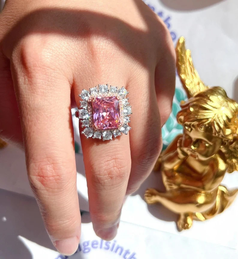 4.90 Ct Cushion Cut Pink Sapphire & Diamond Wedding Ring 14K White Gold Size 6