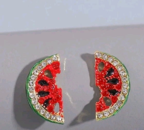 Set Of 5 Micro Mini Stud Earrings, Fruits Embellished With Rinestones. Goldtone