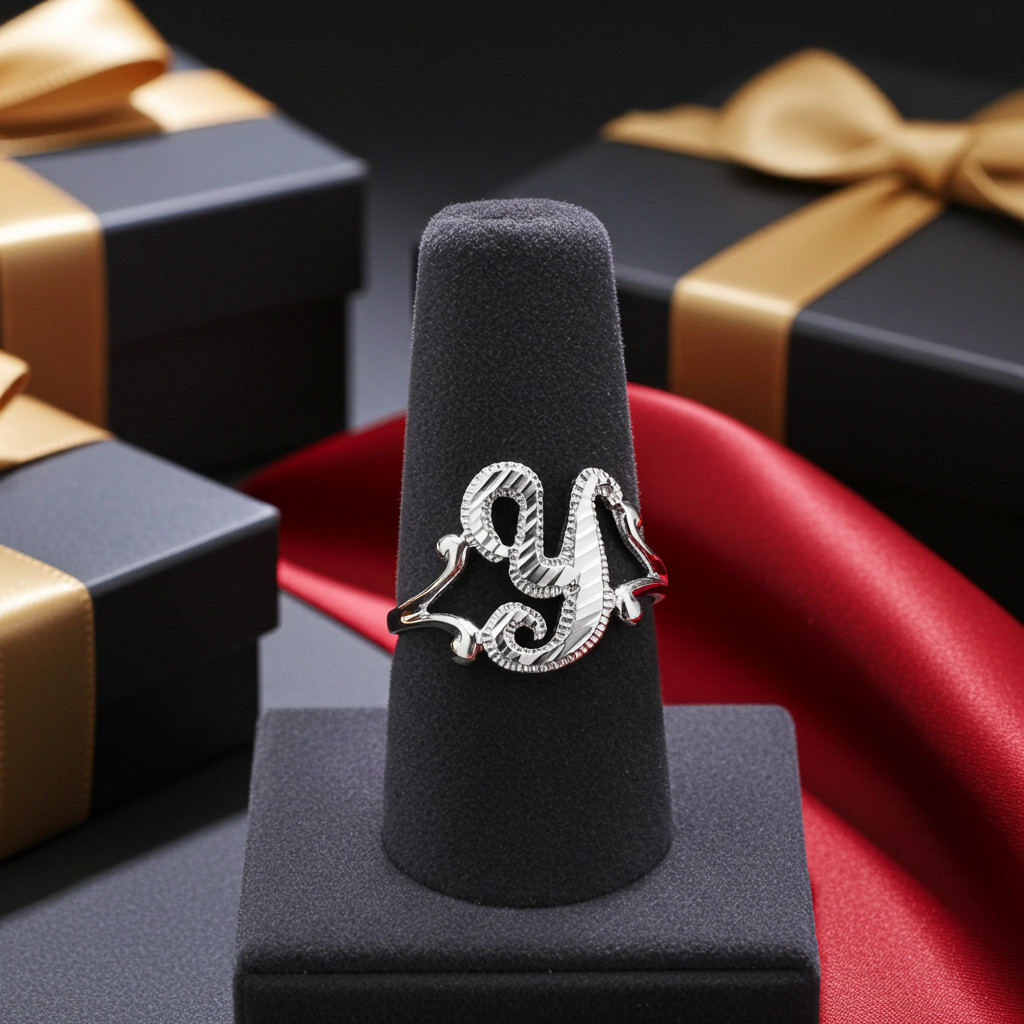 Elegant Sterling Silver Sparkle-Cut Cursive Letter Initial Script Ring for Women