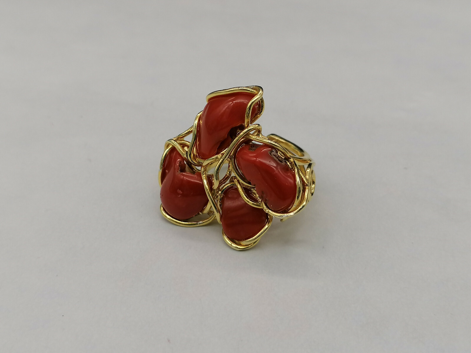 Genuine Sardinian Red Coral 925 Silver Gold Plated Adjustable Women Ring