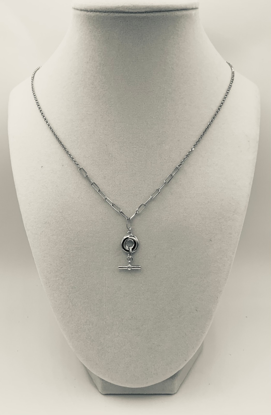 Rhodium Plated Silver Paperclip Rolo Adjustable Donut and Bar Necklace