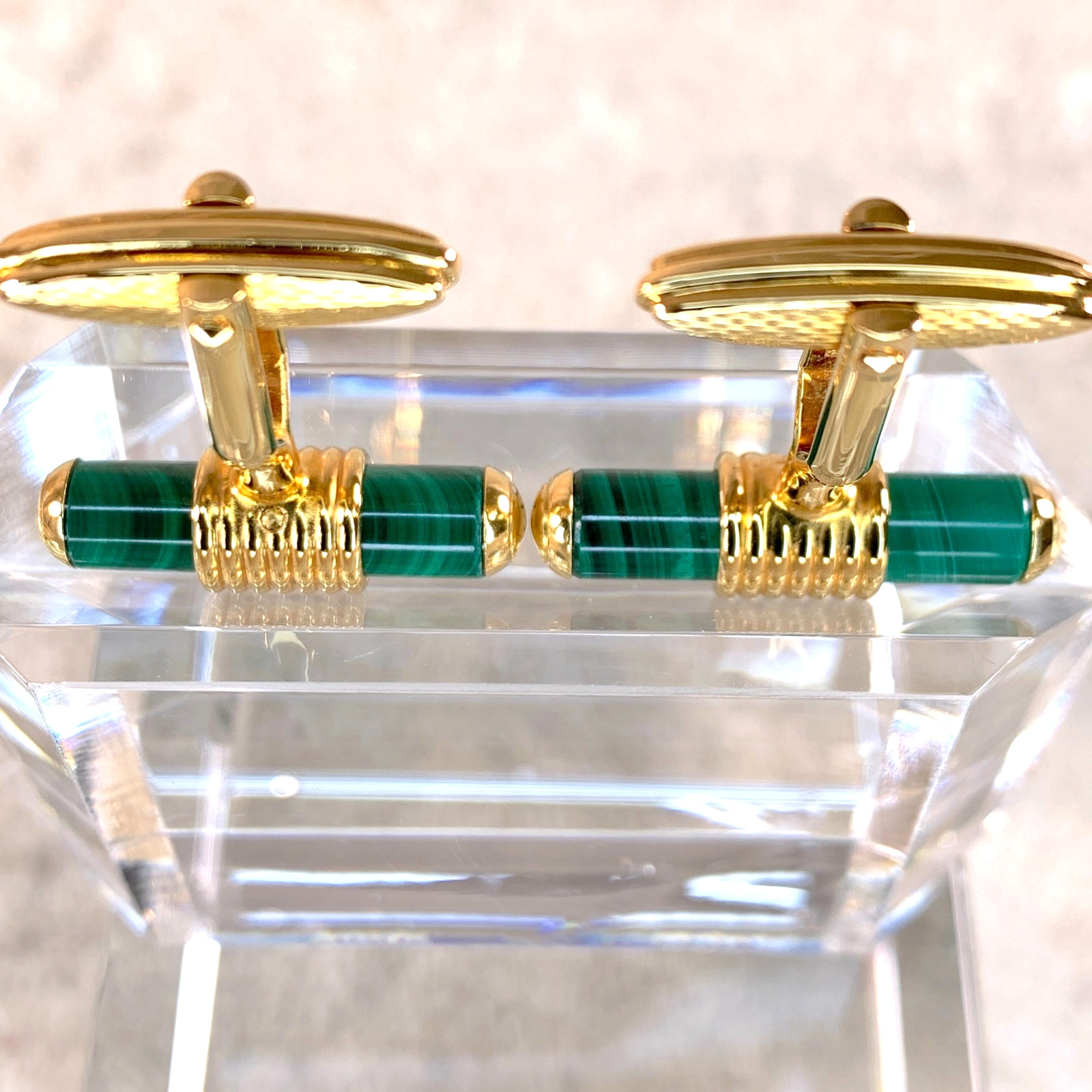 Vintage Dunhill Cufflinks & Tie Bar Clip Cylinder Malachite Gold Finish w/Box