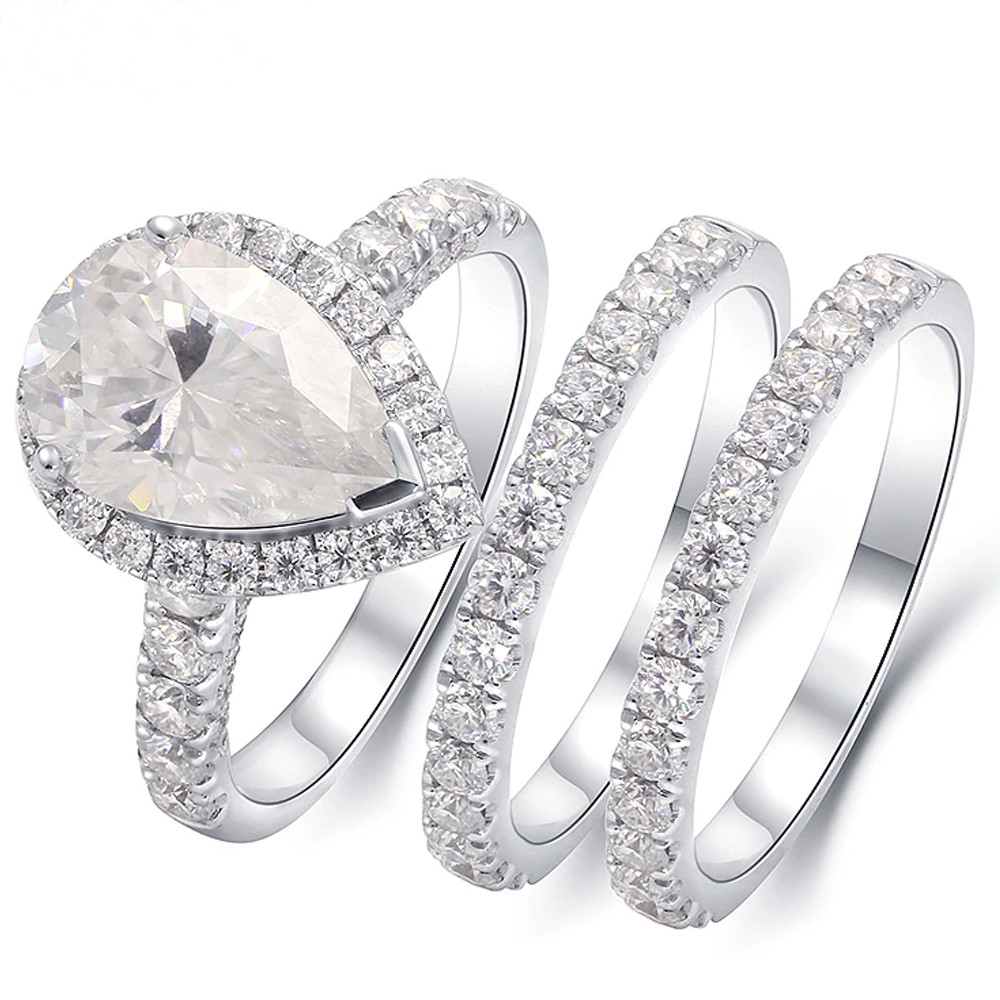 3.20 TCW Pear Moissanite Trio Set Women’s Engagement Ring 14K White Gold Plated