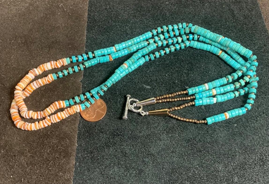 multi-strands turquoise heishi/spiny oyster shell necklace/23″(B157L-w1)