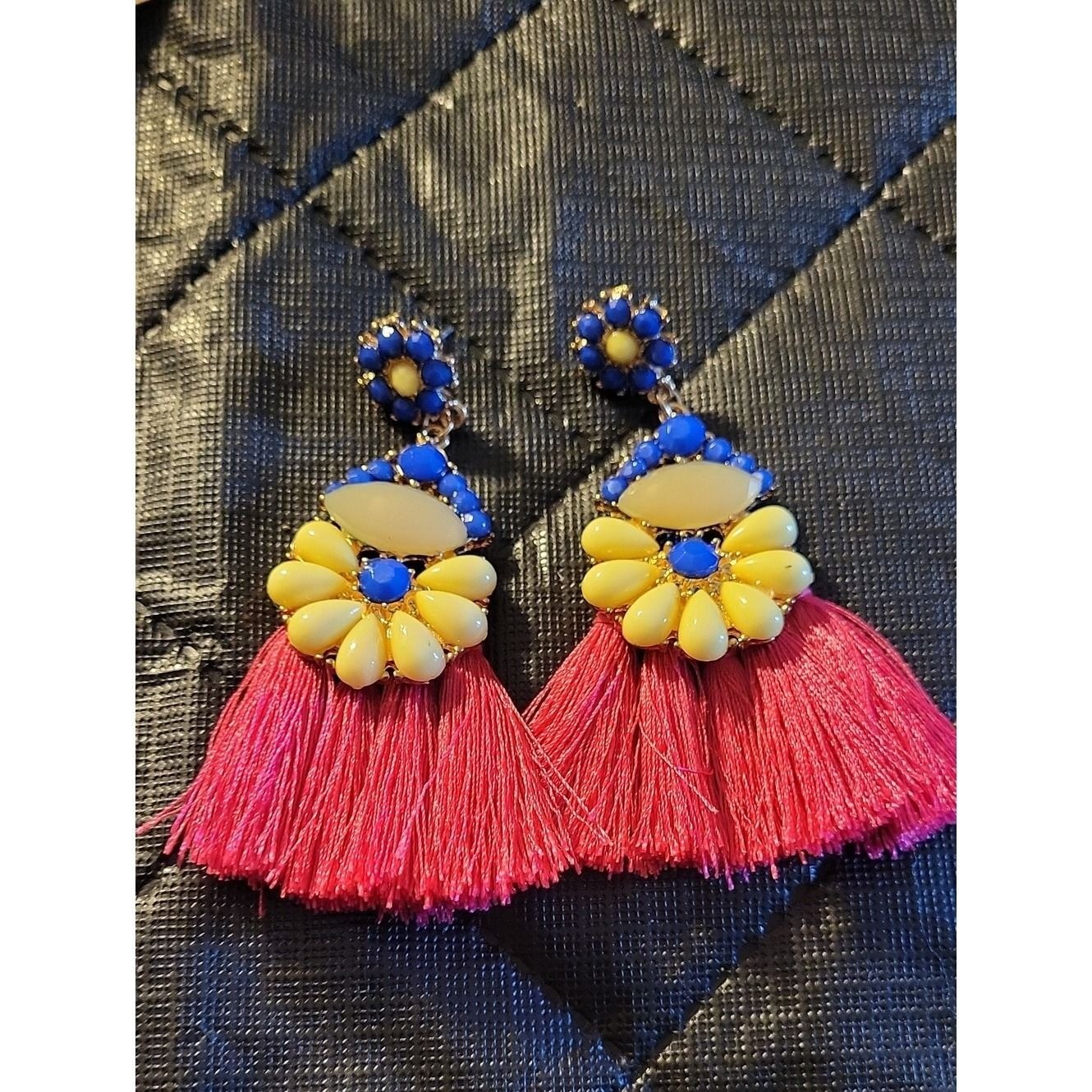 Colorful Tassel Drop Earrings – Pink & Yellow Floral Design