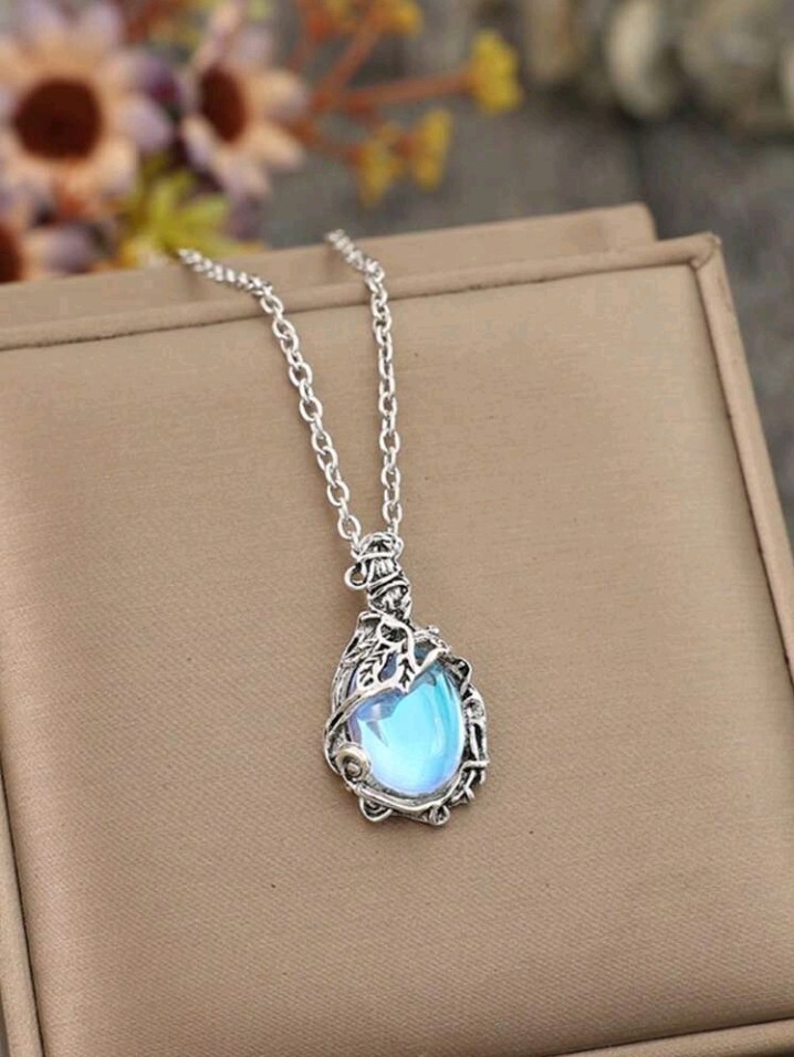 Silver-Plated Zinc Necklace Water Drop Pendant With Blue CZ