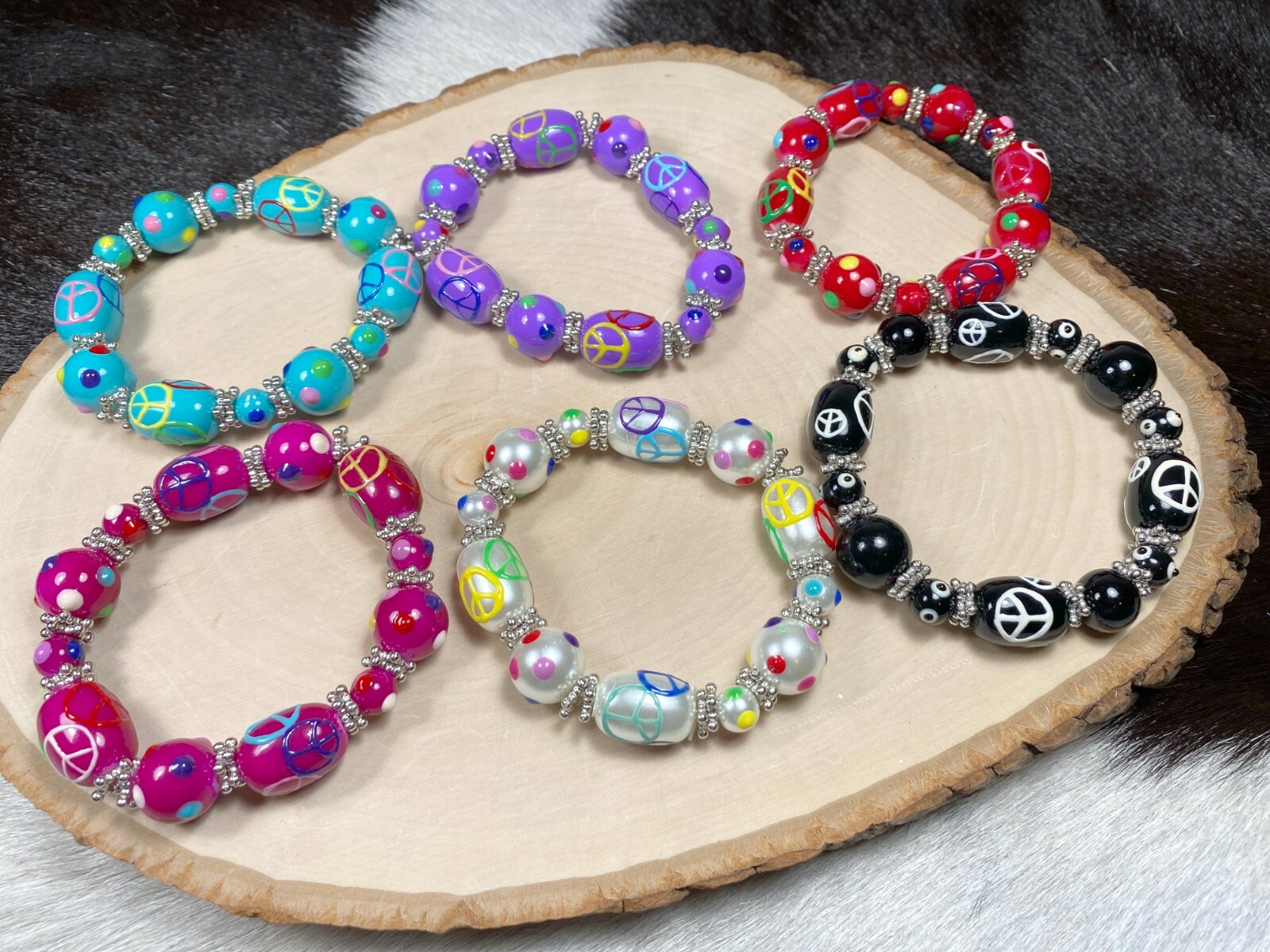 Peace Jewelry Wholesale Lot 6 Glass Beaded Stretch Bracelet Colorful Peace