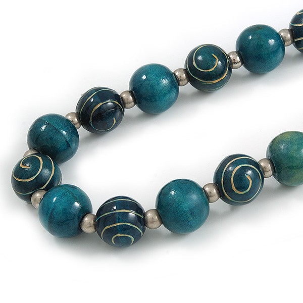 Chunky Round Wooden Bead Long Necklace/ Teal/ 82cm Long