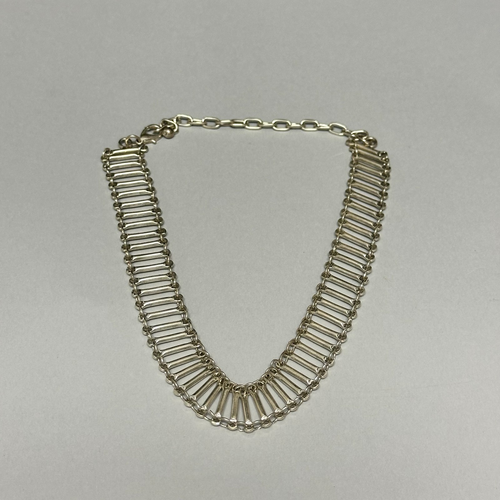 Bar Link Chain Necklace Silver Tone Collar Choker Adjustable Length 12″