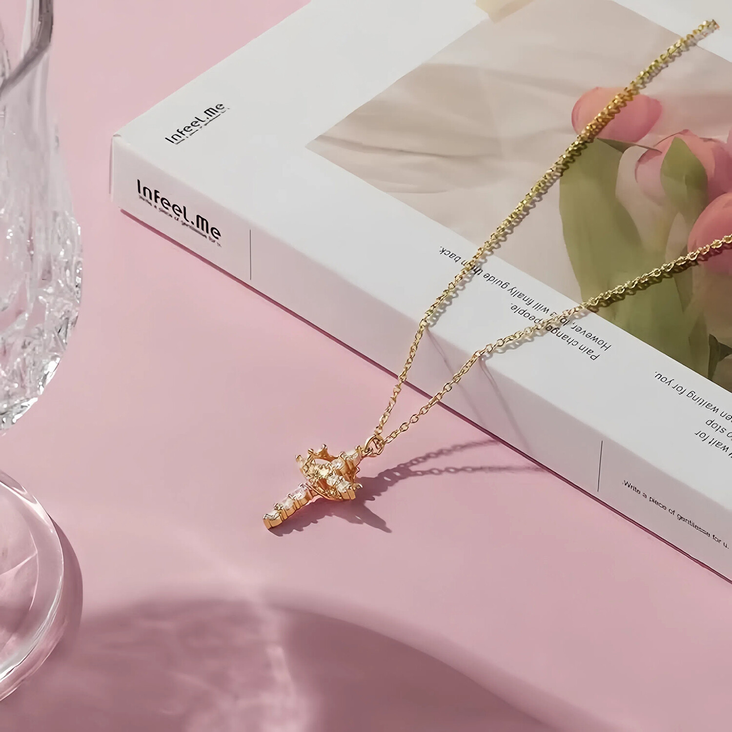 Crown Cross Necklace for Women 18K Gold Plated Crown Cross Pendant Necklace Simp