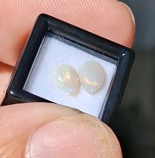 Natural Australian Lightning Ridge white Opals 5x7mm multicolour teardrop pair.