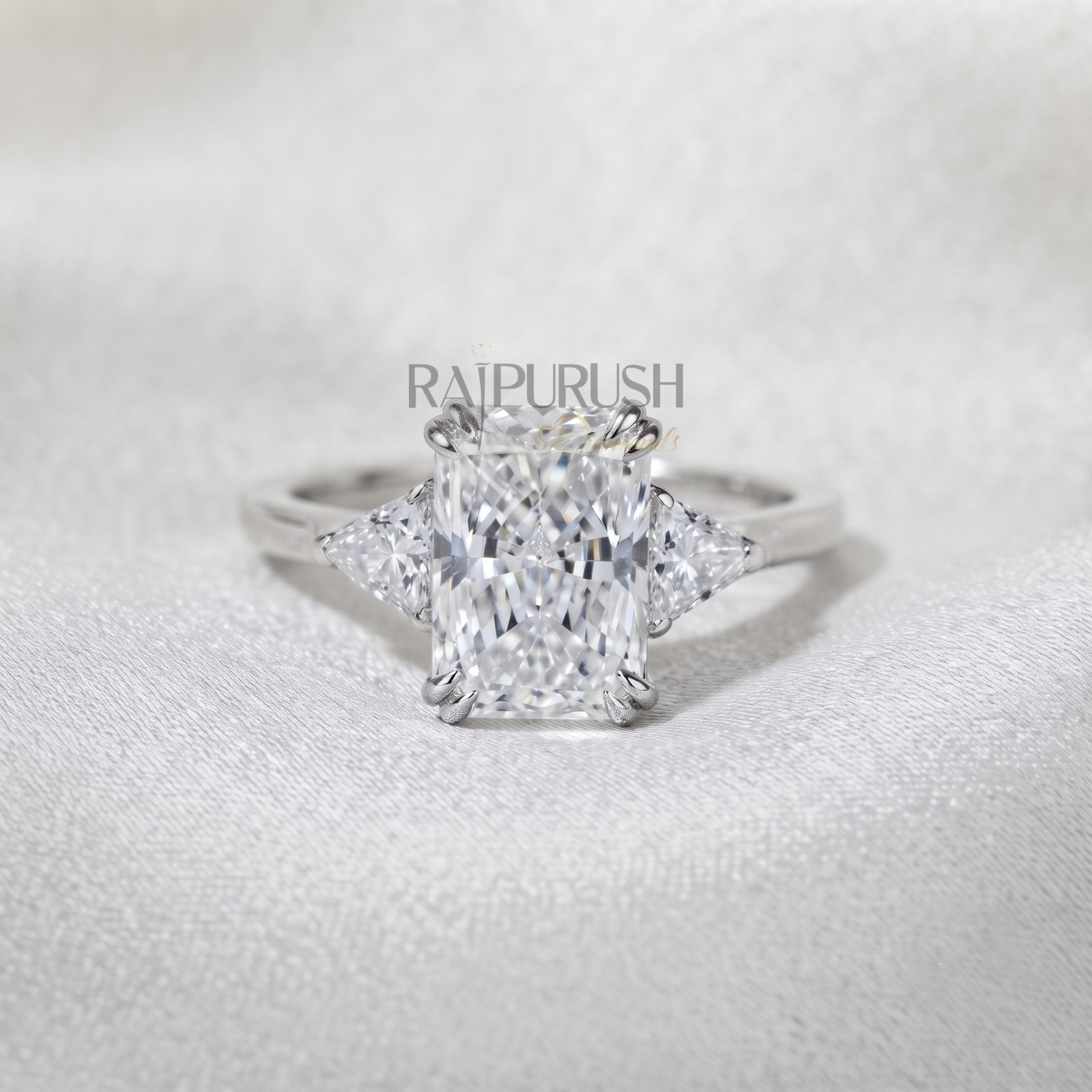 Radiant Cut Moissanite Engagement Ring Triangle Side Stone 925 Silver Ring Women