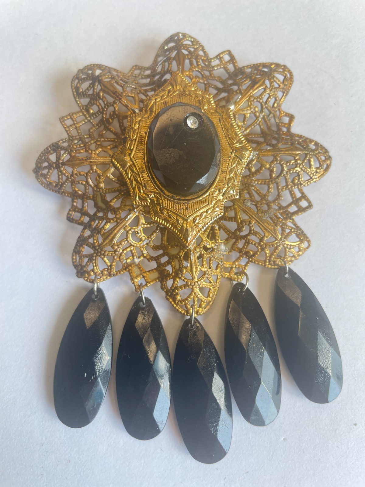 Vintage Dress Clip Gold Tone Black Glass Dangles 3.5 inches Statement