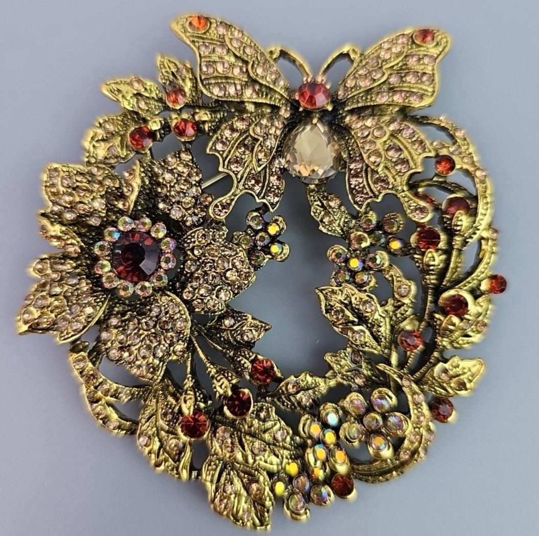 Large Garden Butterfly Brooch Vintage Rhinestone Statement Pin 3.75 in Tall