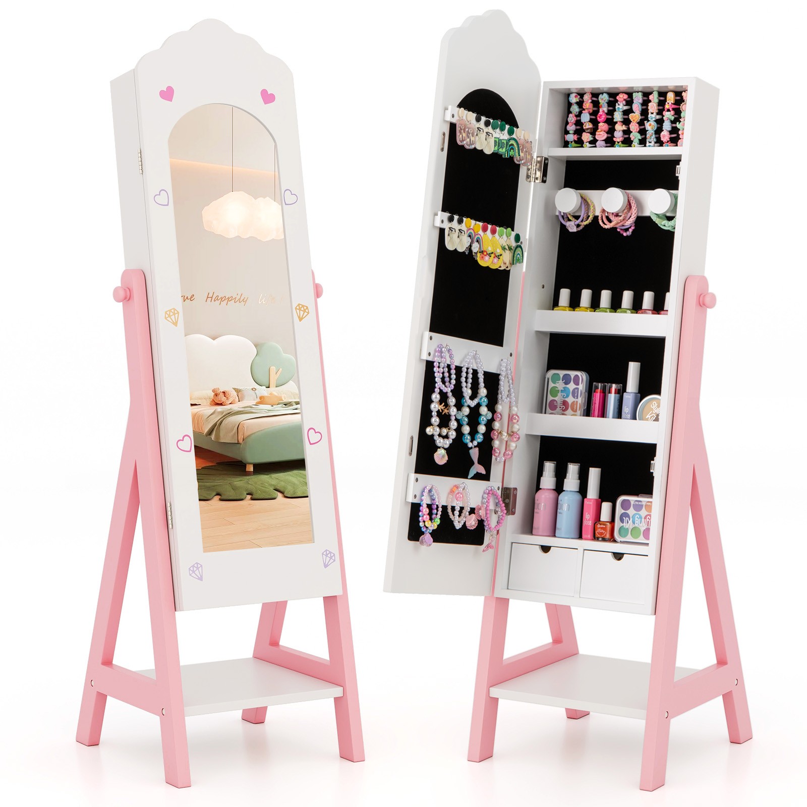 Kids Vanity Set Princess Makeup Dressing Table and Chair Set w/ Jewelry Armoire