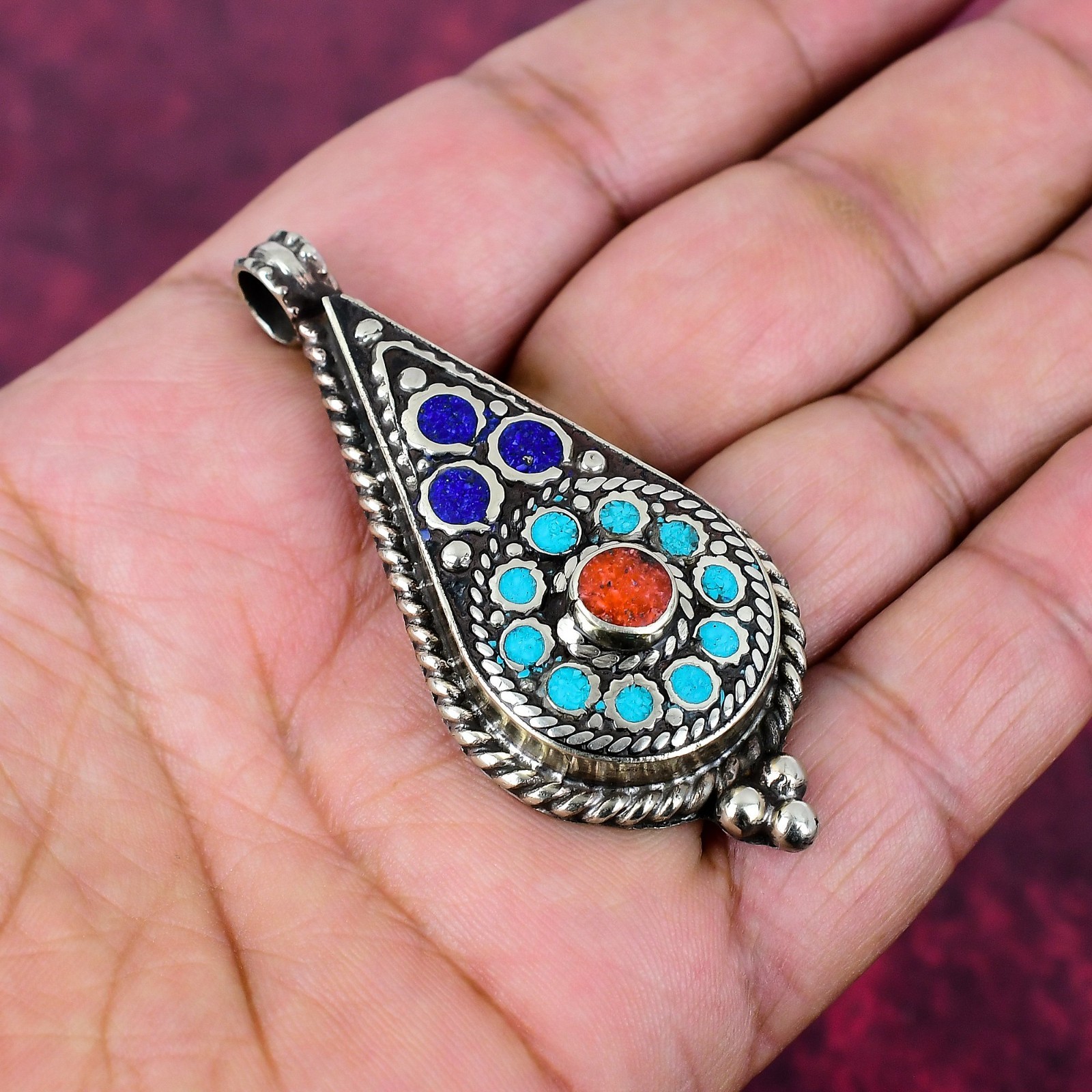Turquoise, Coral Gemstone Handmade Jewelry 925 Sterling Silver Nepali Pendant