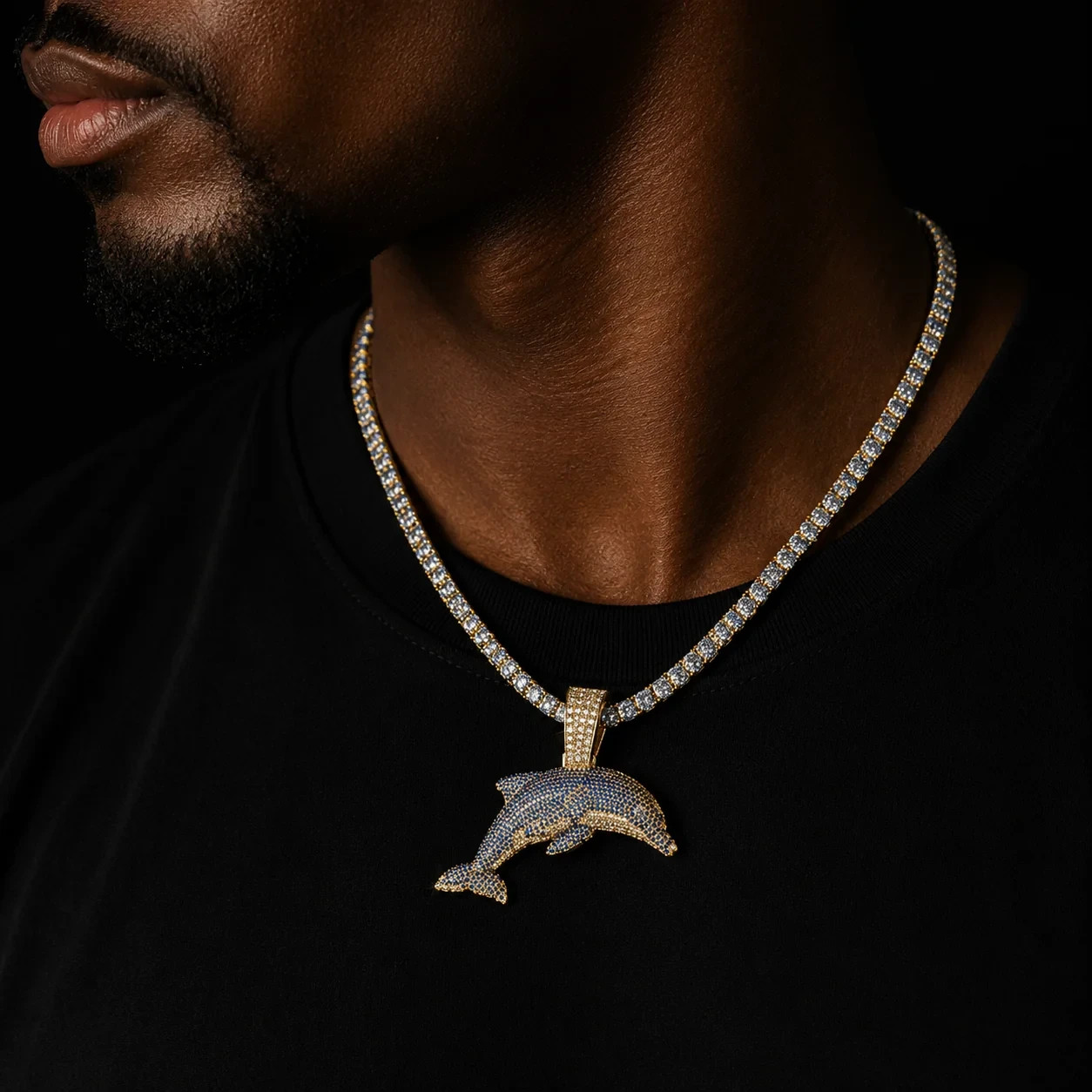 Iced Out Dolphin Pendant Necklace CZ Hip Hop Jewelry
