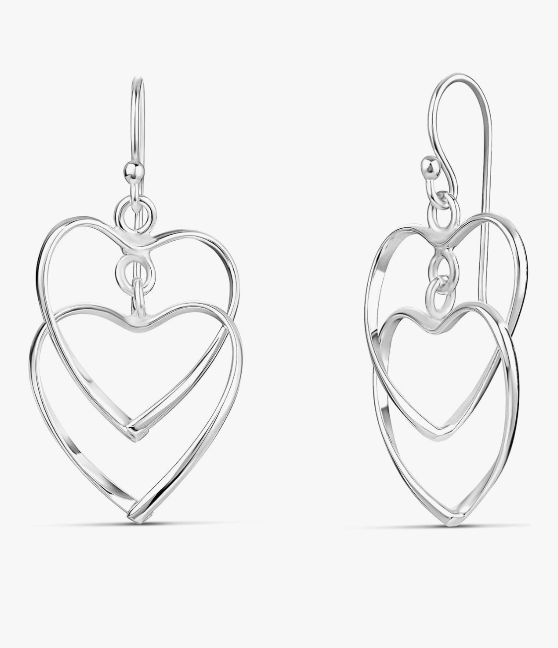 Romantic Shiny Sterling Silver Plated Double Heart 1” Dangle Wire Earrings