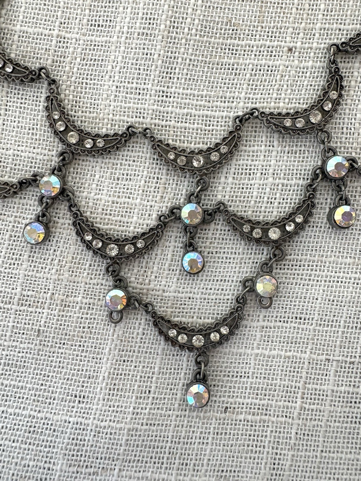 Vintage Crescent Scallop Necklace Iridescent Rhinestone Crystals Pewter Gunmetal