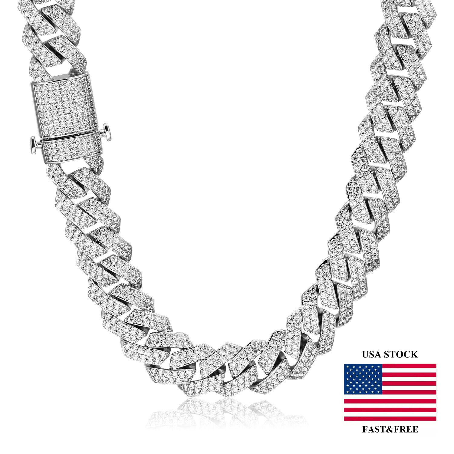 White Gold Plated Full Iced CZ Out Stainless Steel Mens Cuban Link Chain 15MM