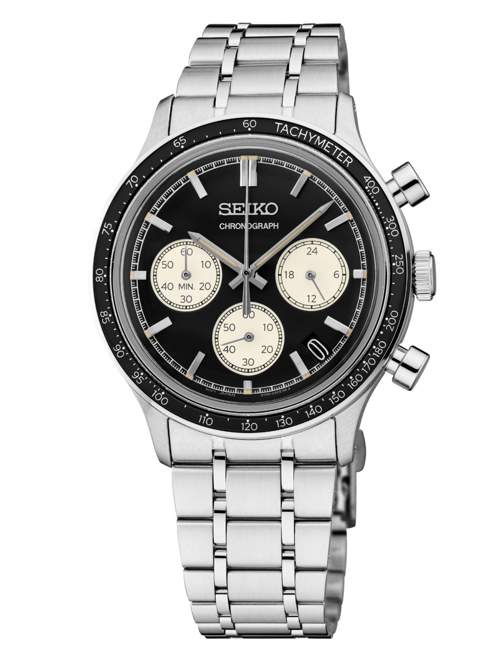 Seiko Essentials Panda Black Chronograph Bubble Crystal Steel Men’s SSB479 Watch