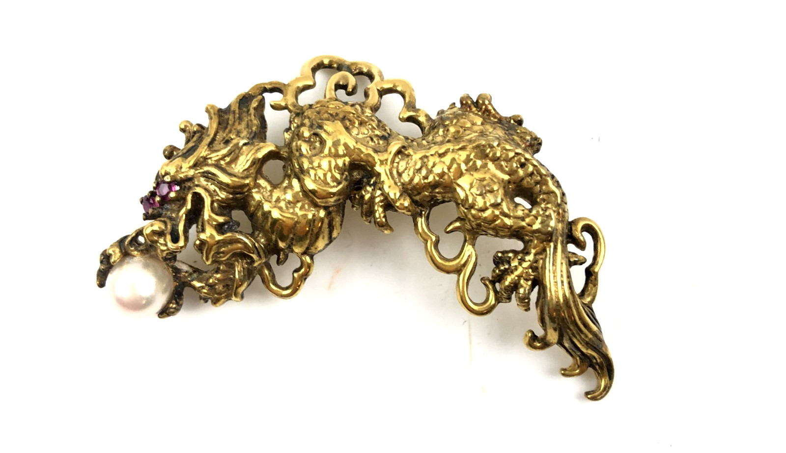 Vtg Antique Mark EN 87 Sterling Silver Gold Chinese Dragon Ruby Yes Brooch Pin