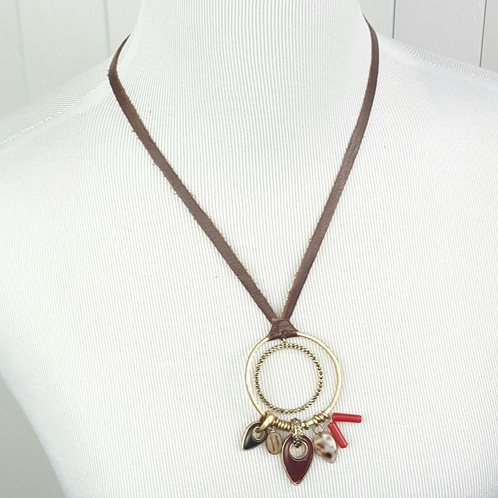KCR Necklace Leather Cord Pendant w/ Dangle Charms Kenneth Cole Reaction BOHO