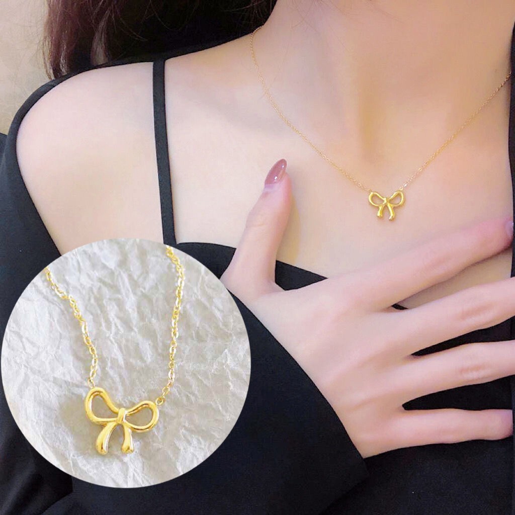 Womens Necklace Bow Bowknot Shape Pendant 18K Gold Plated Stainless Steel PE43