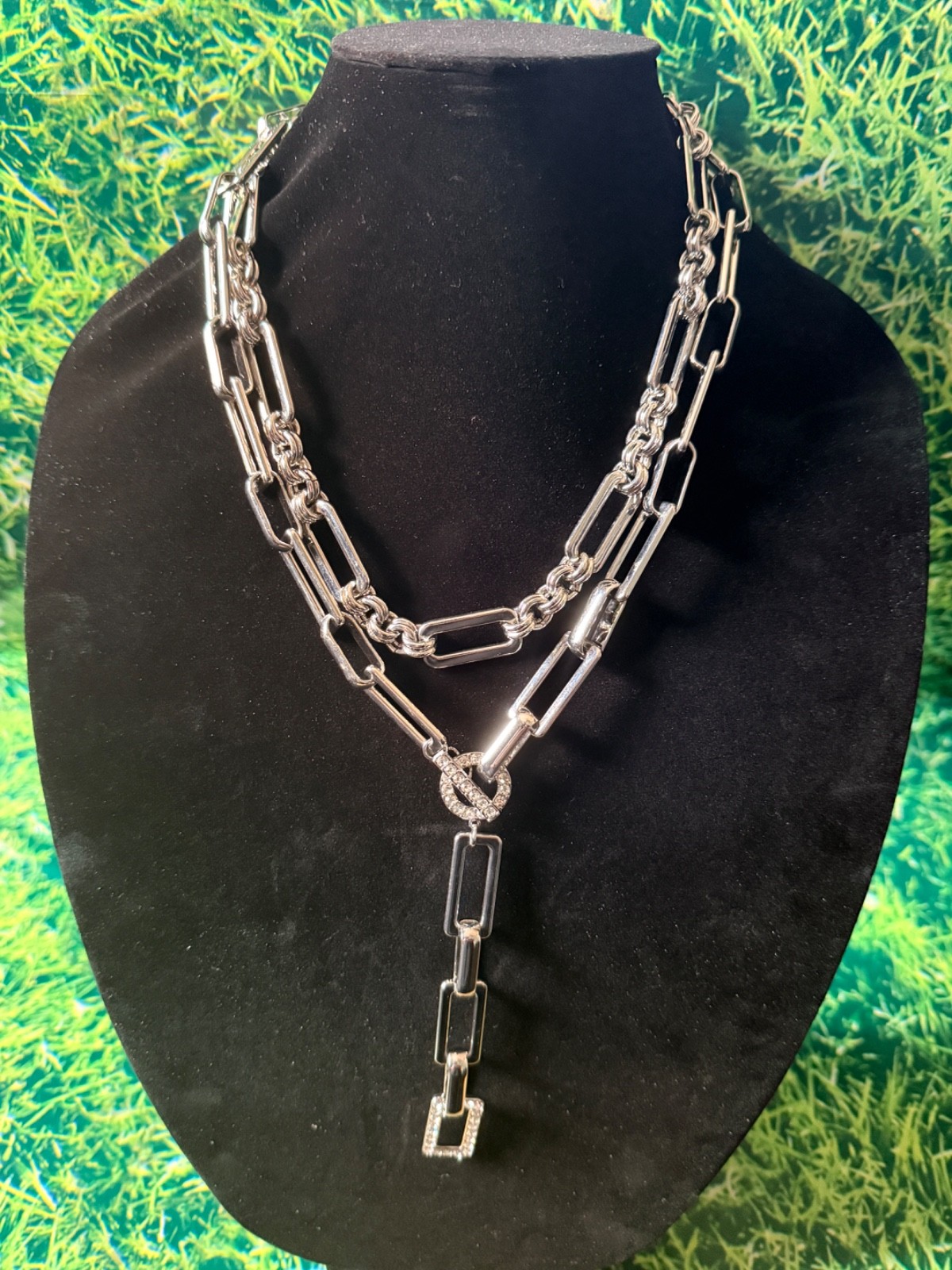 Silver Y Necklace 18″ Crystal Pavé Circle Front Closure Double Layered Link