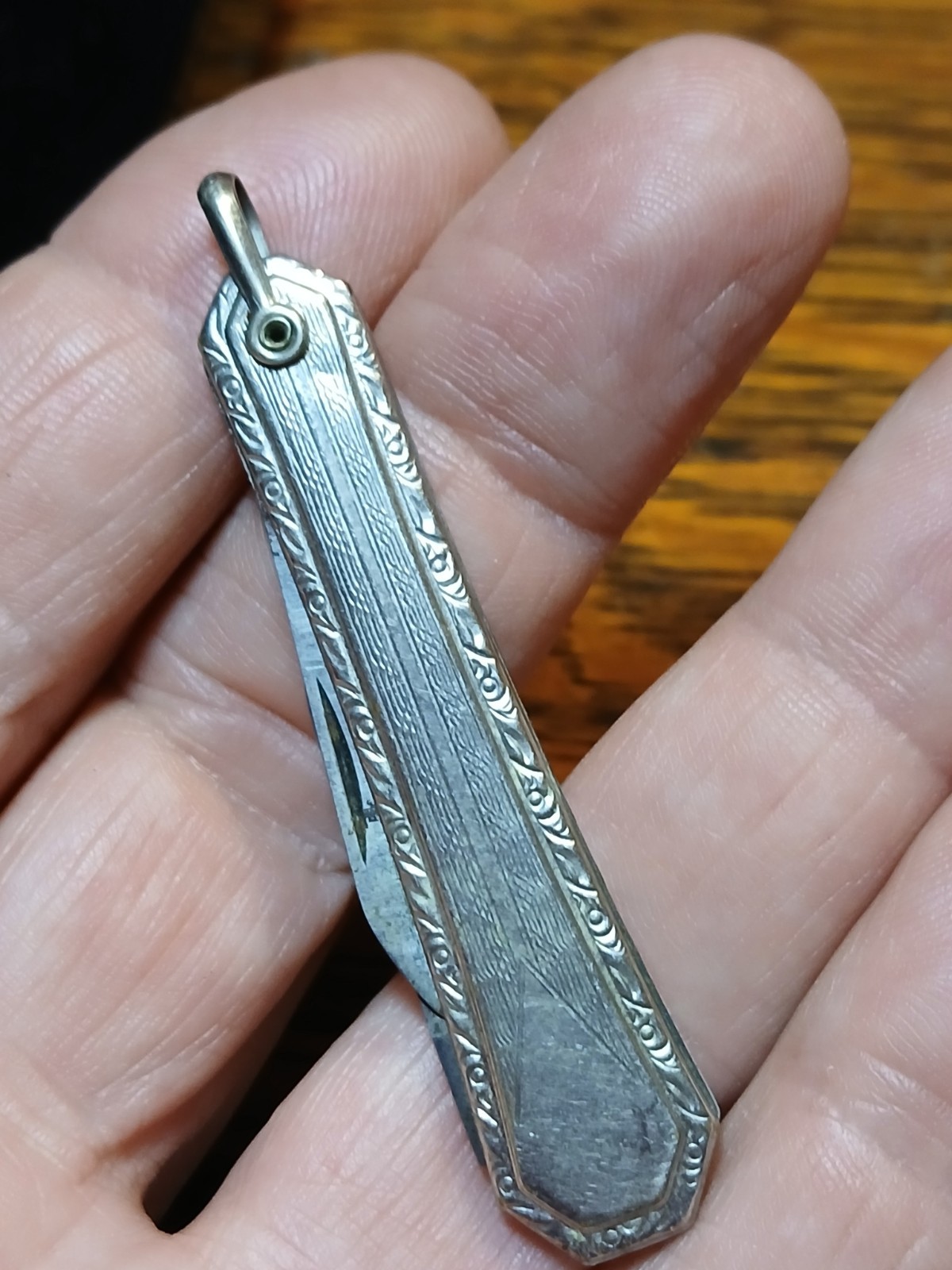 Vintage Sterling Silver Pocket Watch Fob Art Deco Engraving Folding Knife 2Blade