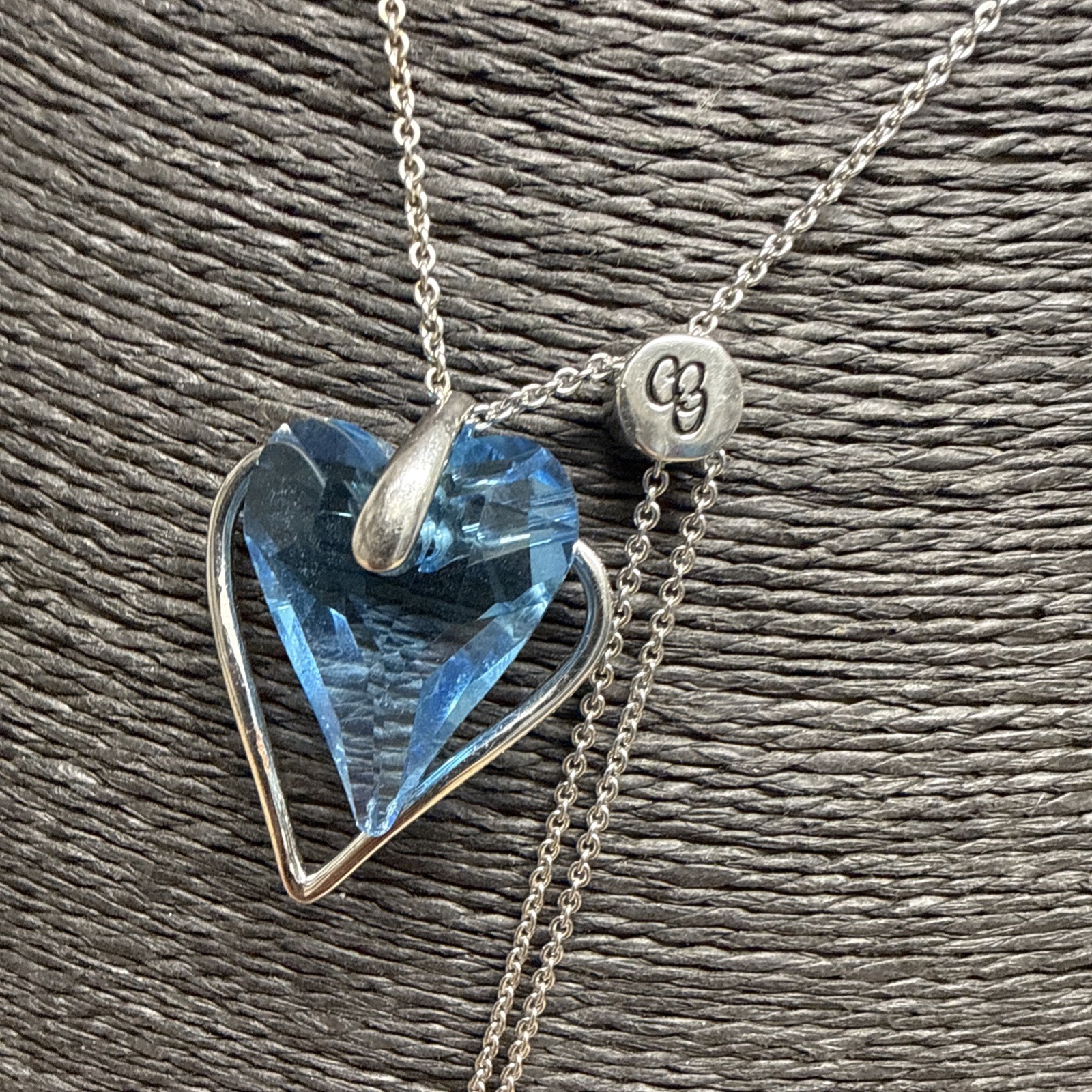 RETRO Blue Crystal Heart Necklace Adjustable Silver Tone Chain Up To 82cm/32″
