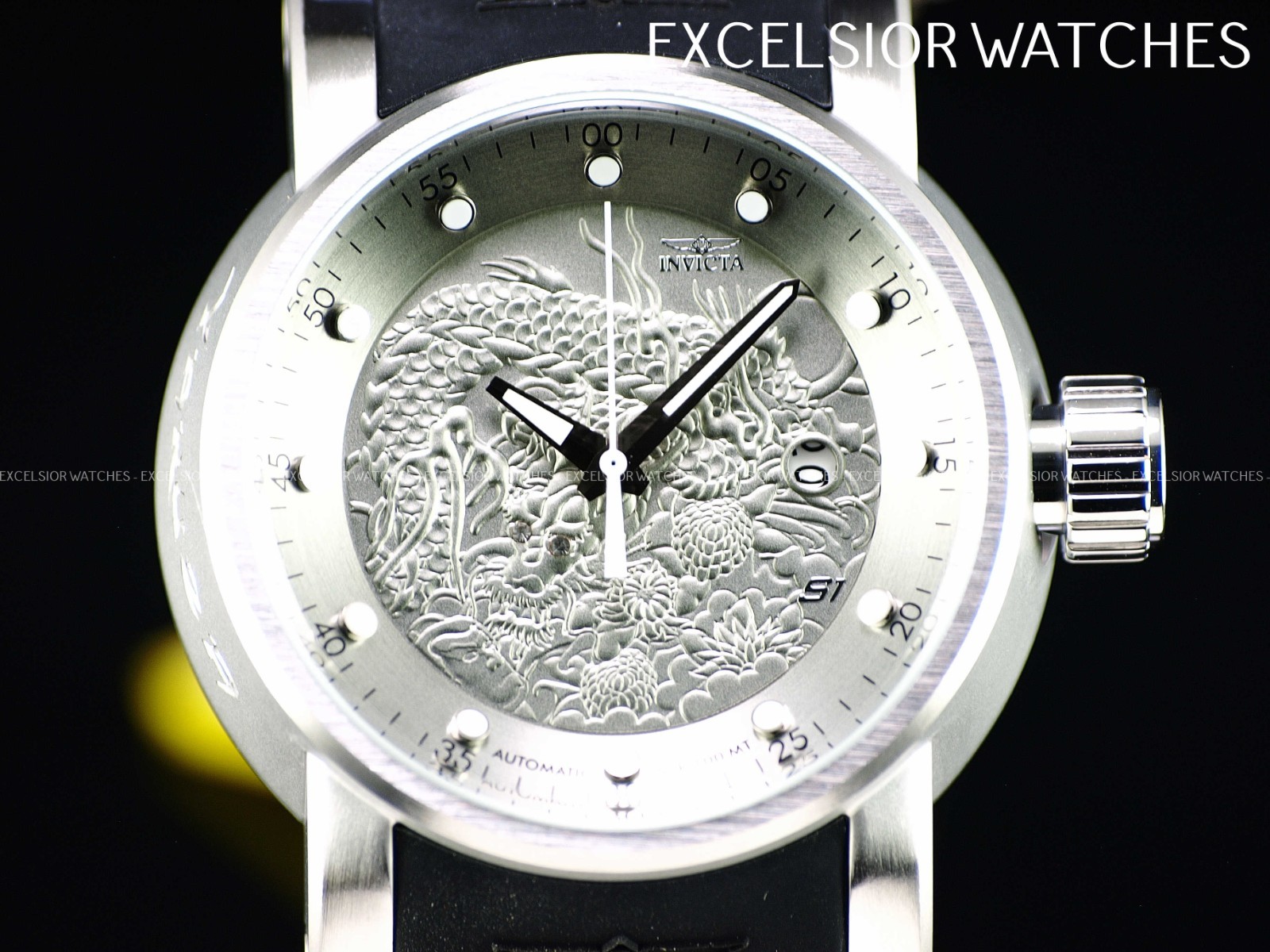 Invicta 48mm S1 YAKUZA DRAGON NH35A Automatic Silver Dial Black Silicone Watch