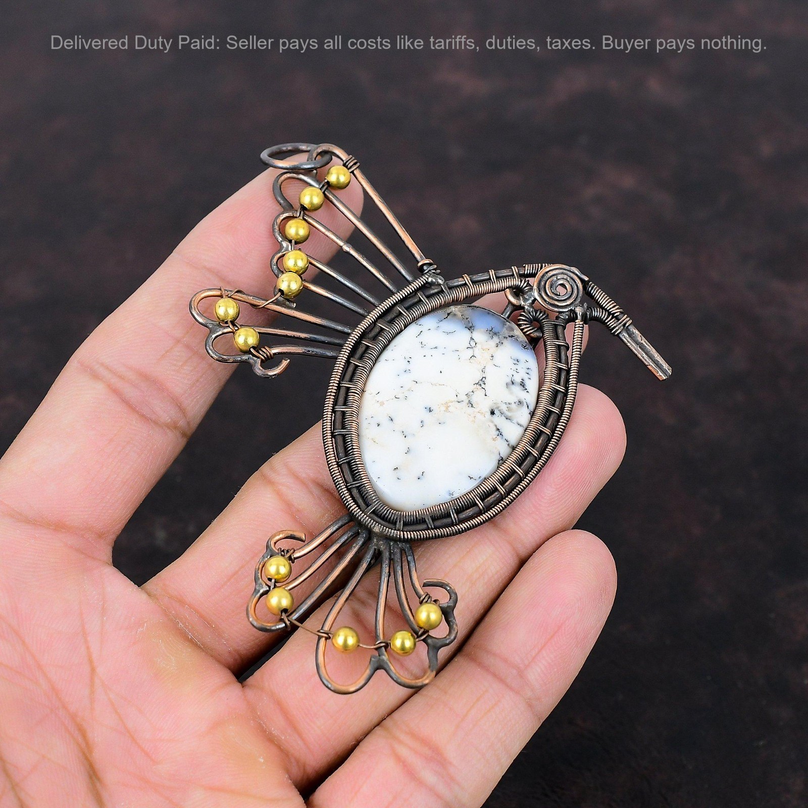 Copper Dendrite Opal Stone Elegant Mother Wire Wrapped Bird Boho Pendant Jewelry