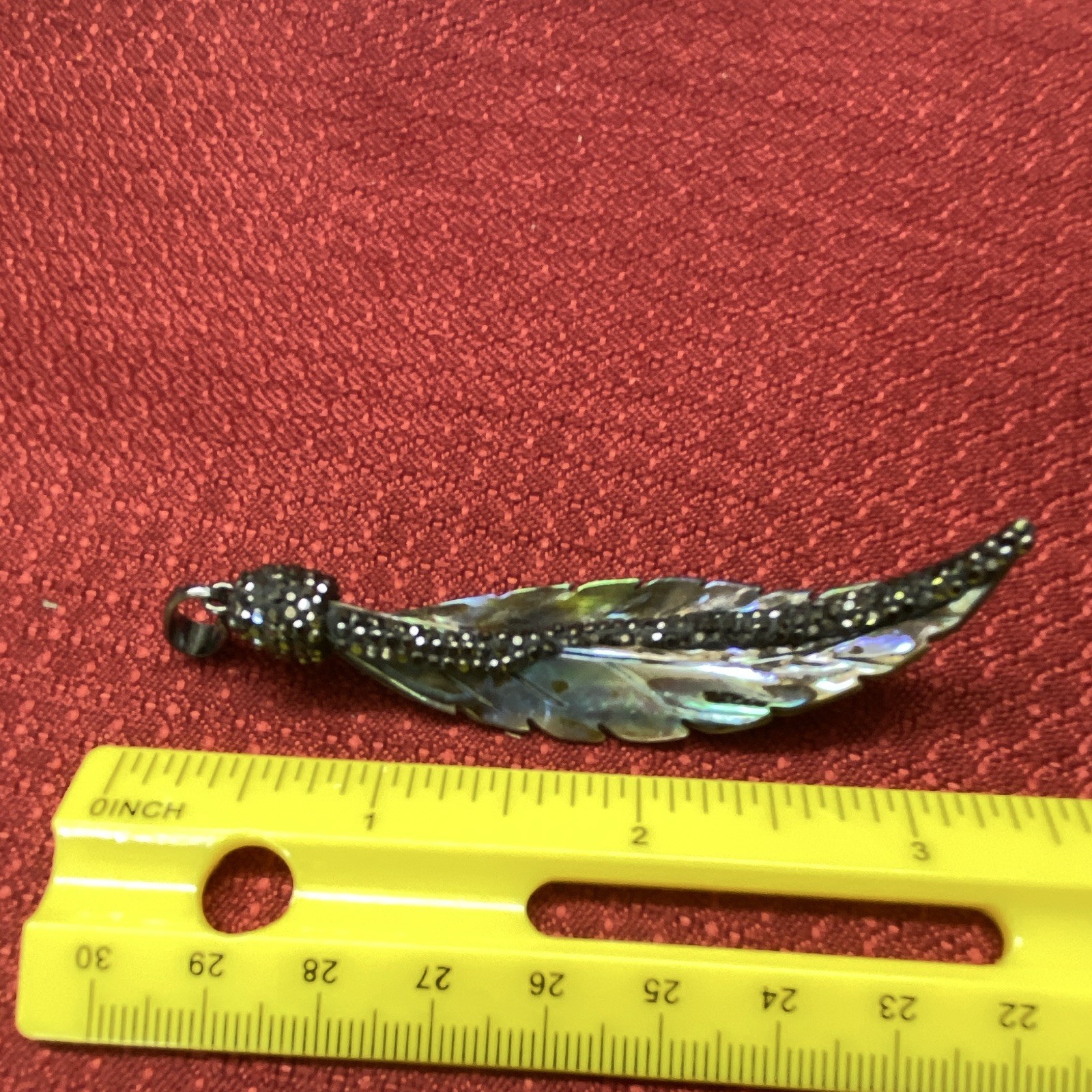 Vintage-Style Carved Abalone Shell Feather Pendant Charm Rhinestone Silver Black