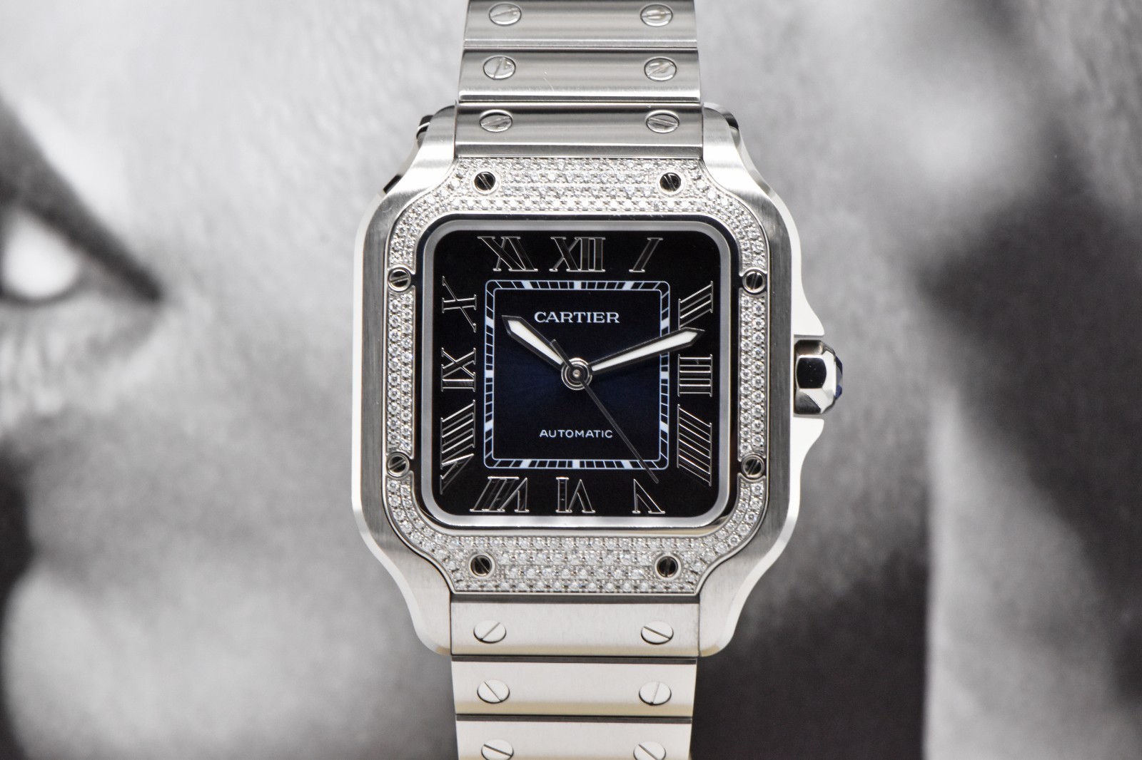 2024 Cartier Santos Medium Factory Diamond Bezel Blue Dial W4SA0006 4075 FS