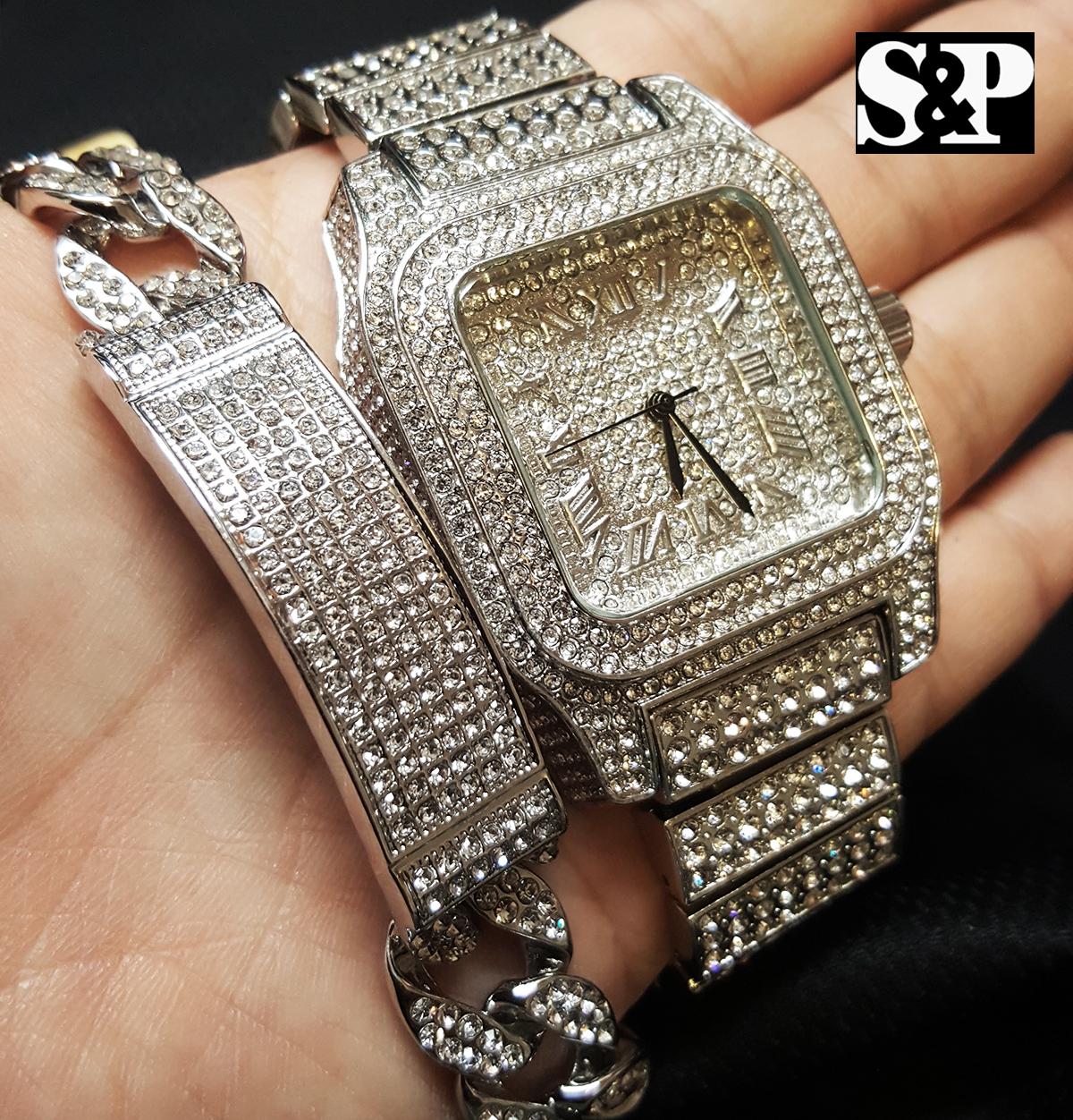 Men Hip Hop Iced Bling Lab Diamond Luxury Bust Down WATCH & BRACELET Gift Set