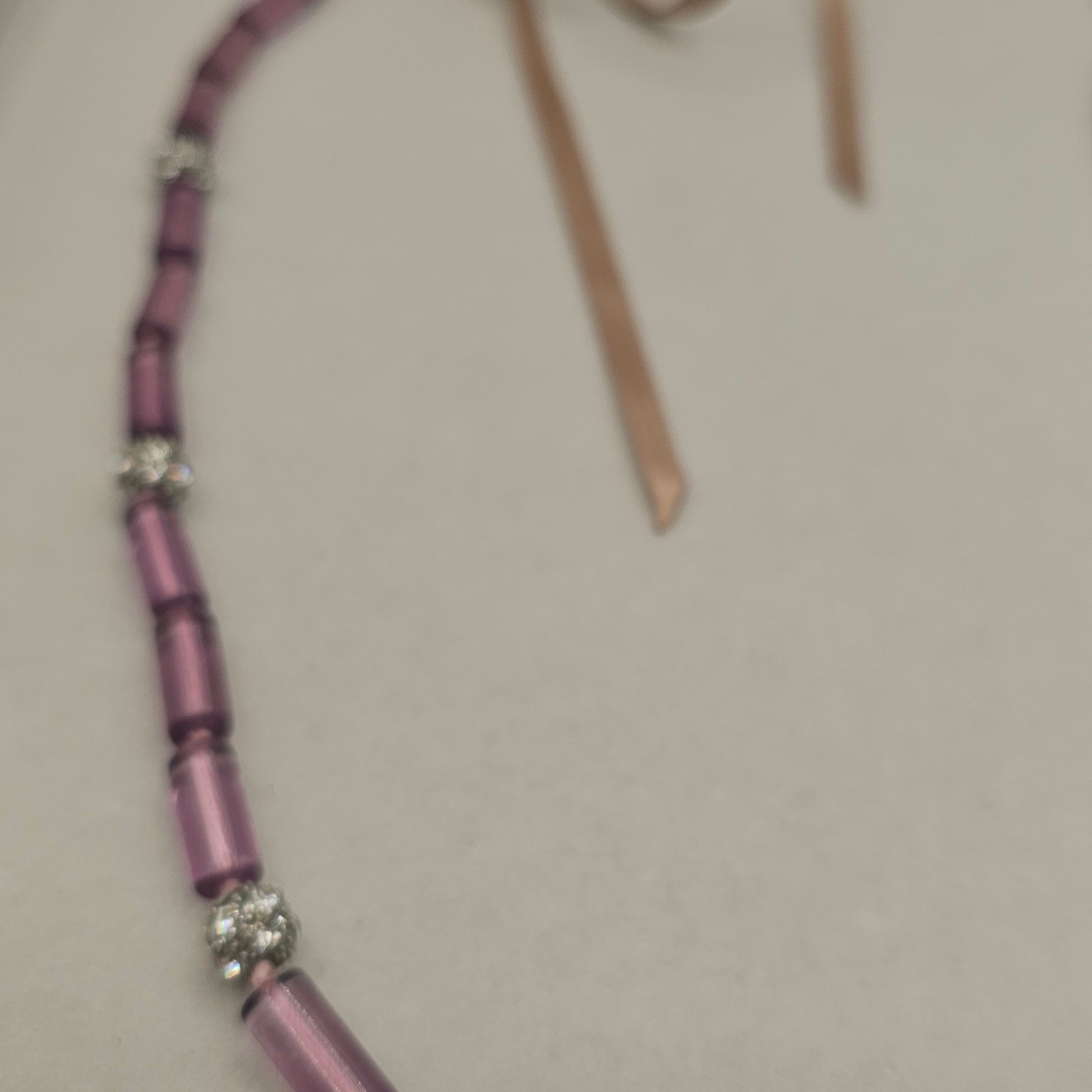 Lavender Purple Tube Bead Ribbon Tie Necklace Rhinestone Bead Spacers Coquette