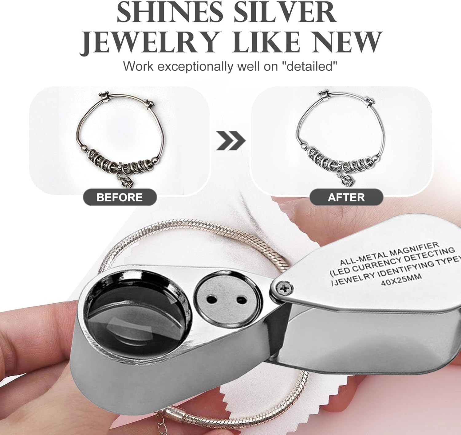 40X Jewelers Loupe, Full Metal Illuminated Jewelry Loop Magnifier, Silver