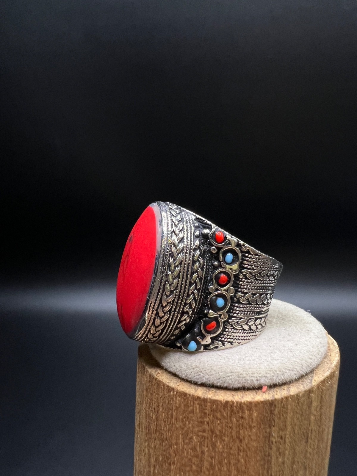 Vintage Red Coral Statement Ring, Large Oval Cabochon Ring, Tibetan Tribal Boho