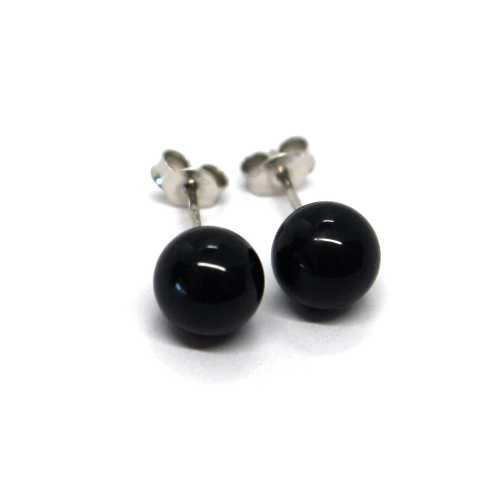 18K WHITE GOLD 8mm 0.31″ SPHERES BALLS BLACK AGATE BUTTON STUD EARRINGS