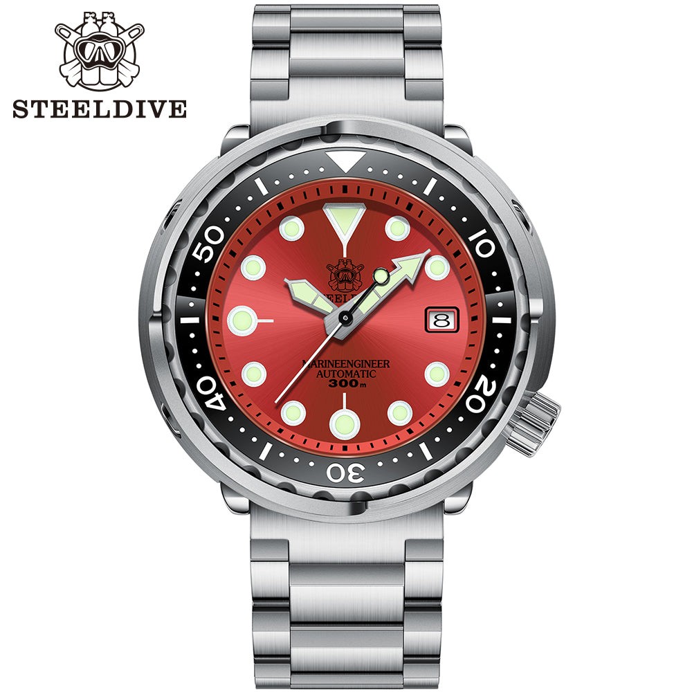 STEELDIVE SD1975 Mens 47.5mm 300M Automatic Dive Watch NH35 Steel Red