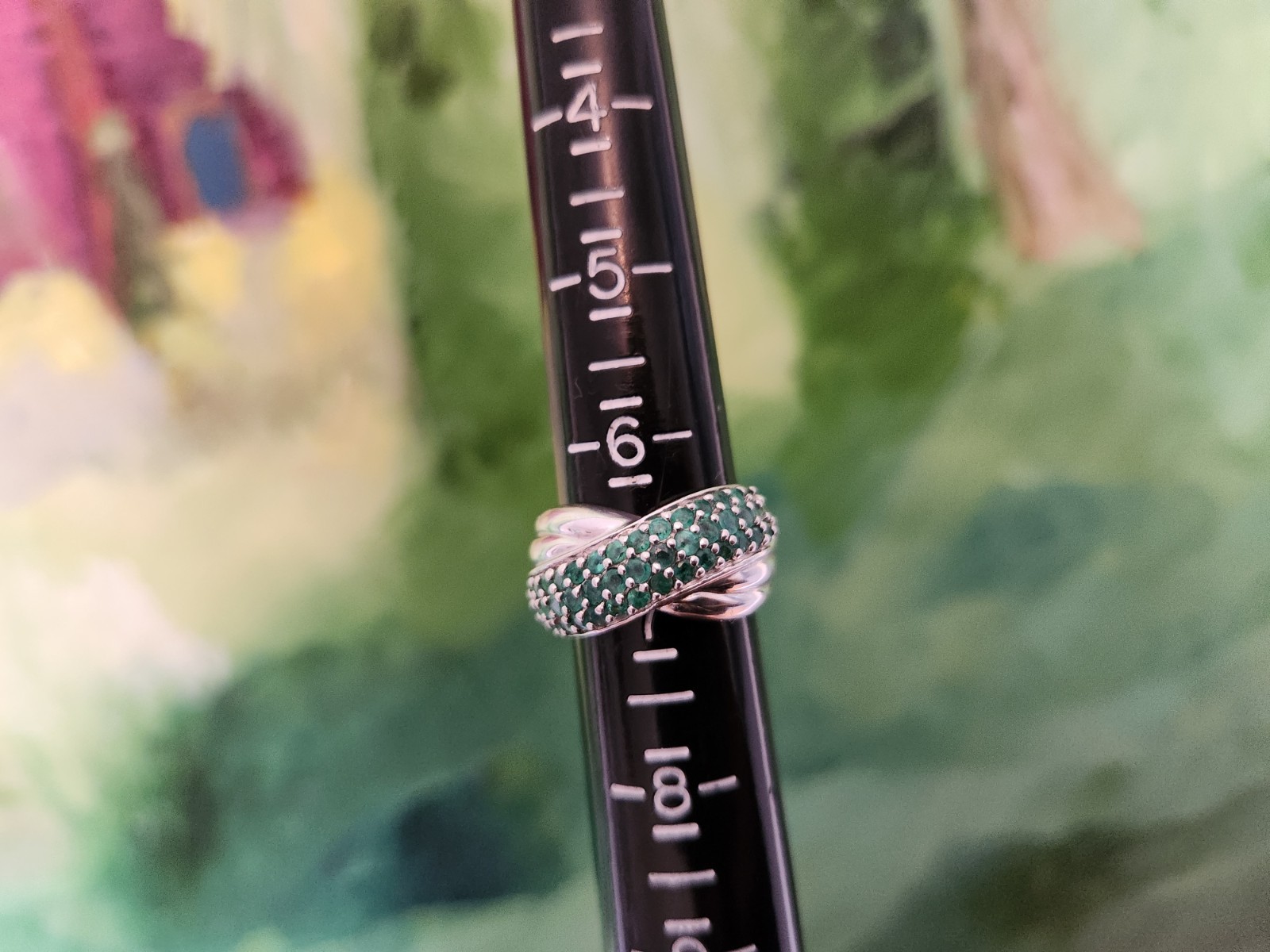 STERLING SILVER 3 ROWS EMERALD CROSSOVER WIDE BAND RING SIZE 7 APPROX. .40 CARAT